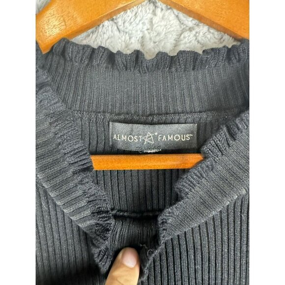 Almost‎ Famous Black Dress Stretch below Knee Sheer Floral Sleeves Size M/L - Picture 6 of 12